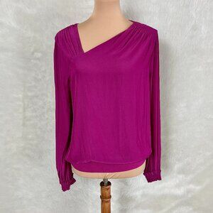 Ramy Brook Vic Long Sleeve Smocked Asymmetric Neckline Blouse Magenta Pink M